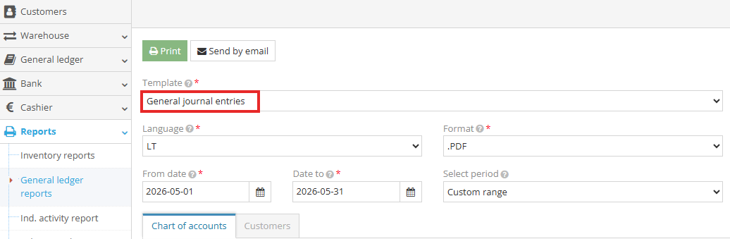 General journal report selection window